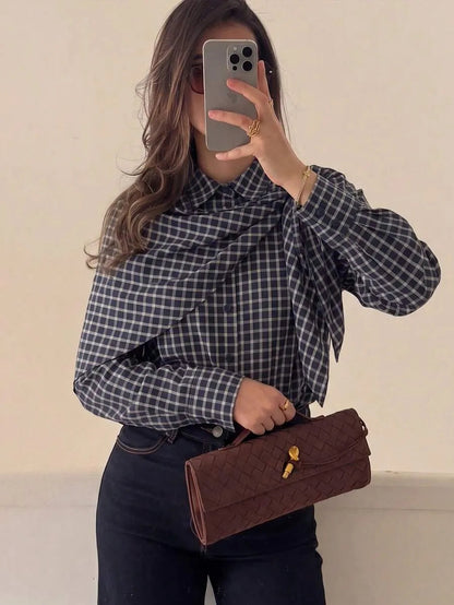 Classic Long Sleeve Plaid Scarf-Tie Shirt
