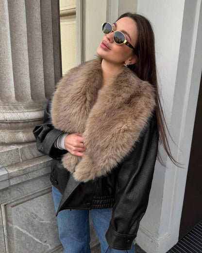 OLANE Alice Faux Leather Jacket Fur Collar BlackLWomen's Coats & Jackets