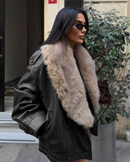OLANE Alice Faux Leather Jacket Fur Collar BlackLWomen's Coats & Jackets