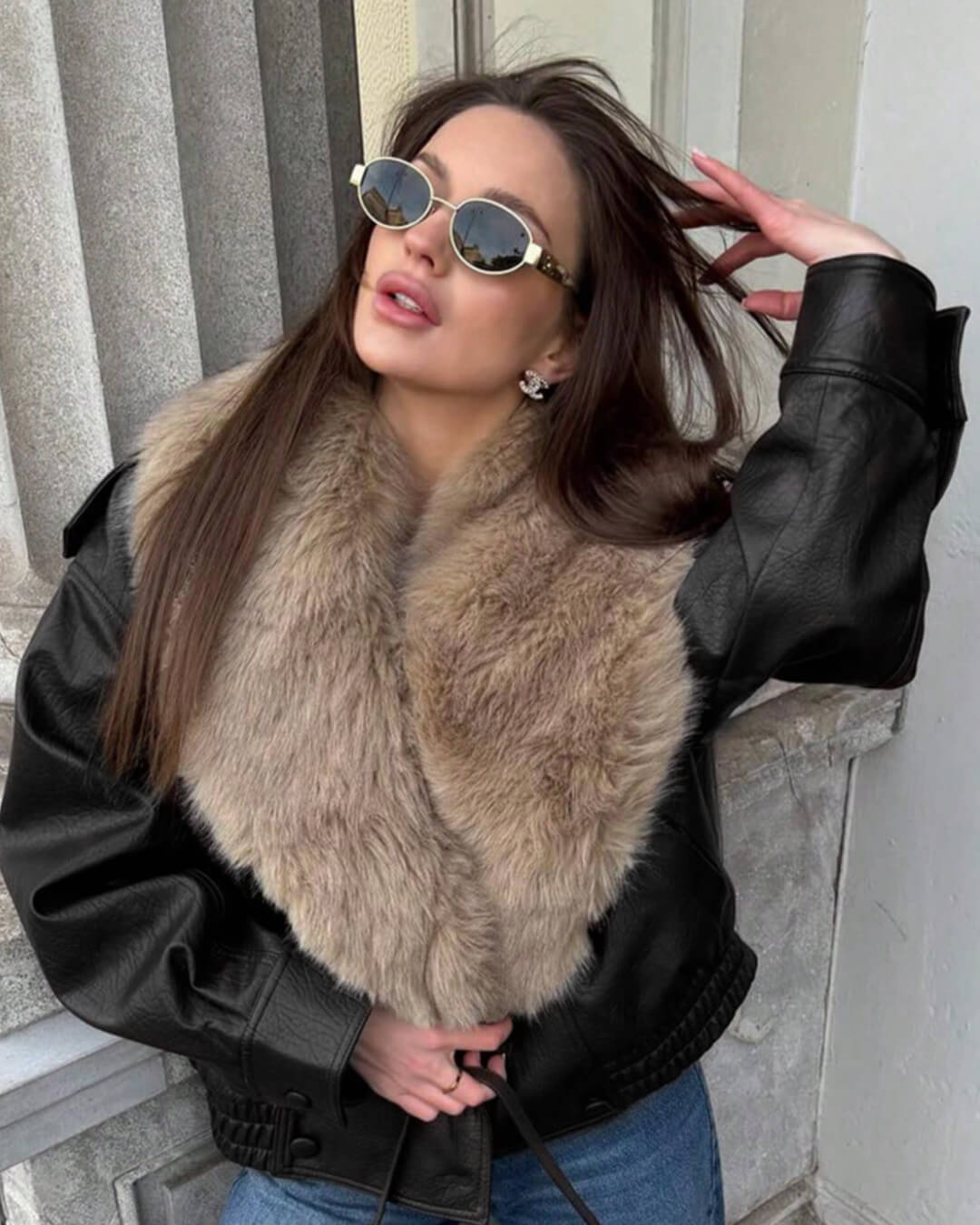 OLANE Alice Faux Leather Jacket Fur Collar BlackMWomen's Coats & Jackets