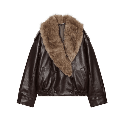 OLANE Alice Faux Leather Jacket Fur Collar BrownMWomen's Coats & Jackets