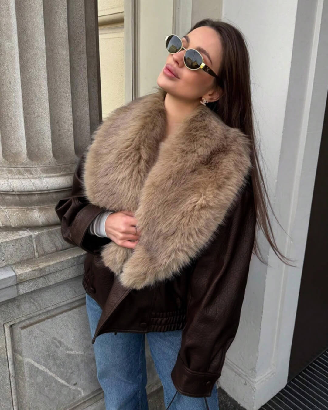 OLANE Alice Faux Leather Jacket Fur Collar BrownMWomen's Coats & Jackets