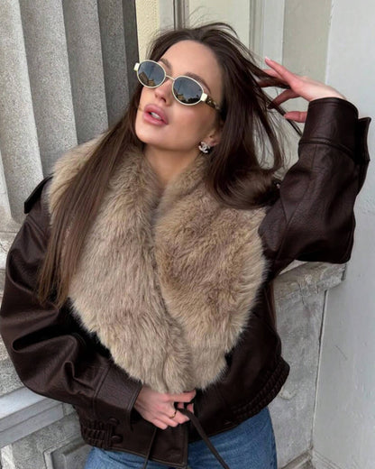 OLANE Alice Faux Leather Jacket Fur Collar BrownSWomen's Coats & Jackets