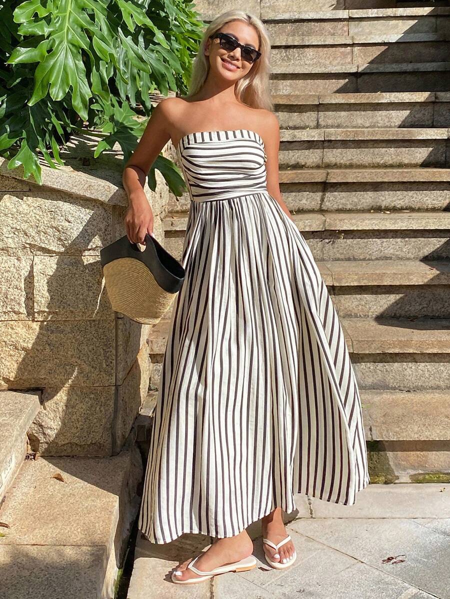 Annie – Gestreiftes Bandeaukleid mit Raffungen