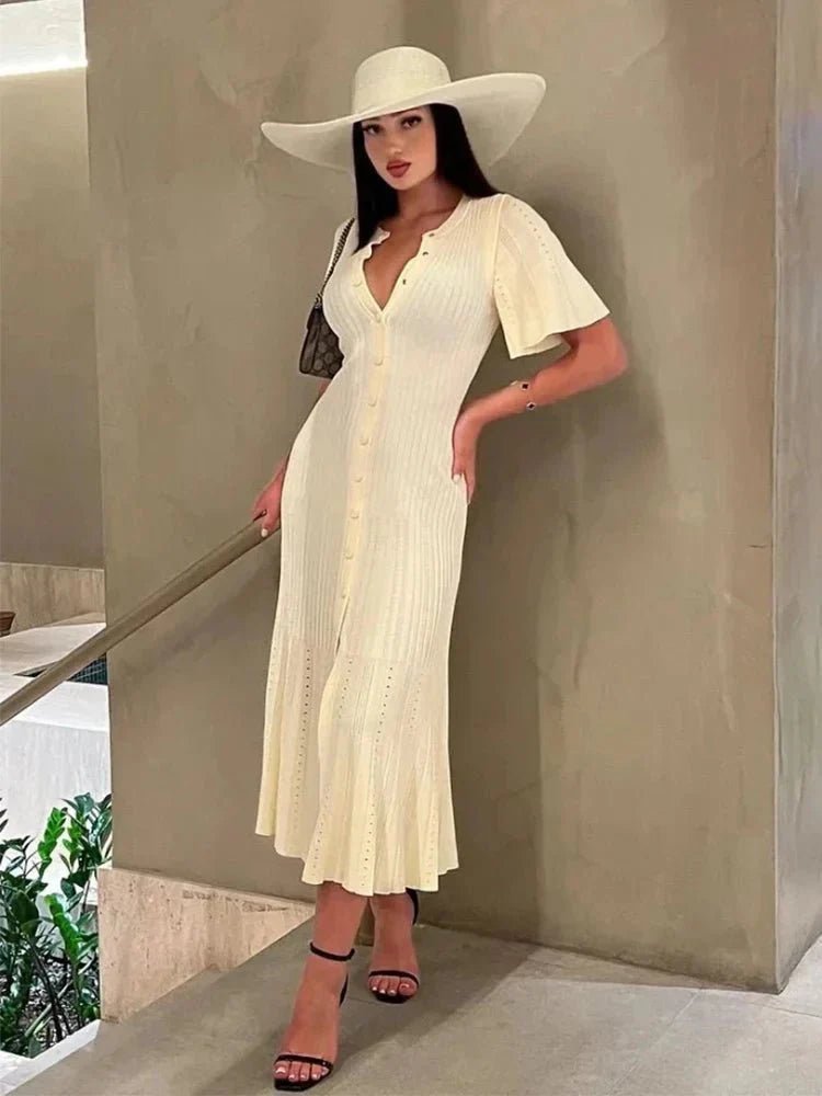 OLANE Bell Sleeve Pleated Knit Midi Dress BeigeMWomen's Dresses