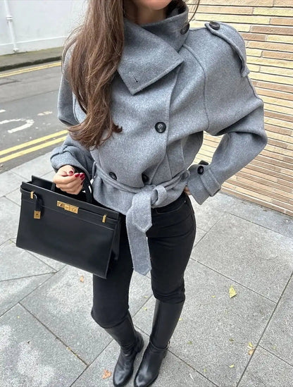 OLANE Belted Double-Breasted Turtleneck Coat MWomen's Coats & Jackets