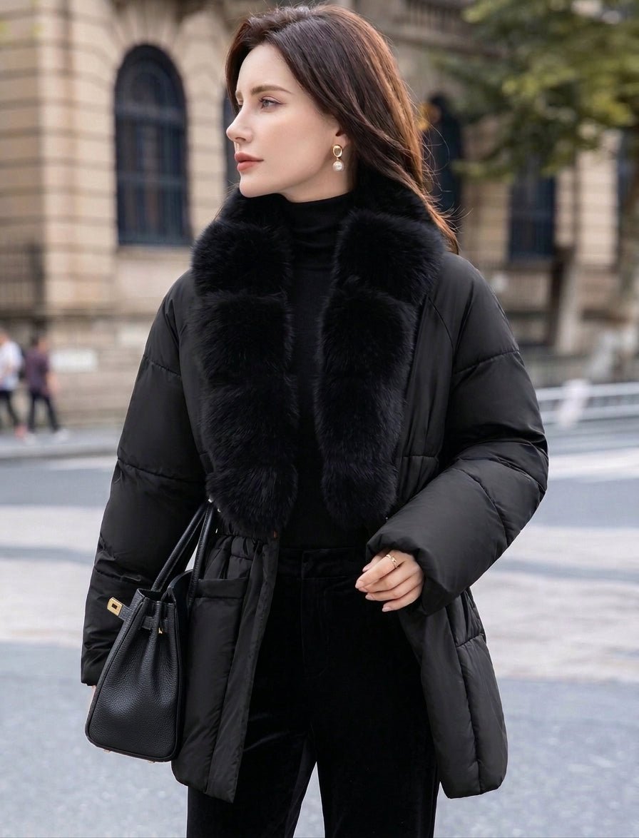 Parka mit Gürtel, Kunstfellkragen und Steppung