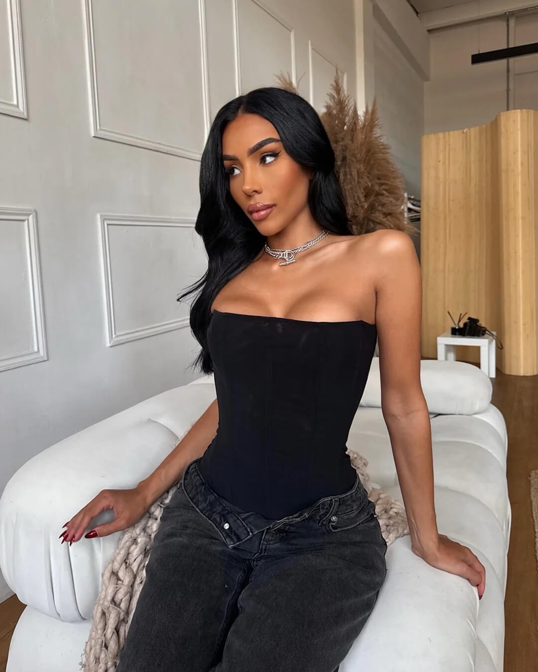 OLANE Black Satin Corset Top MWomen’s Tops
