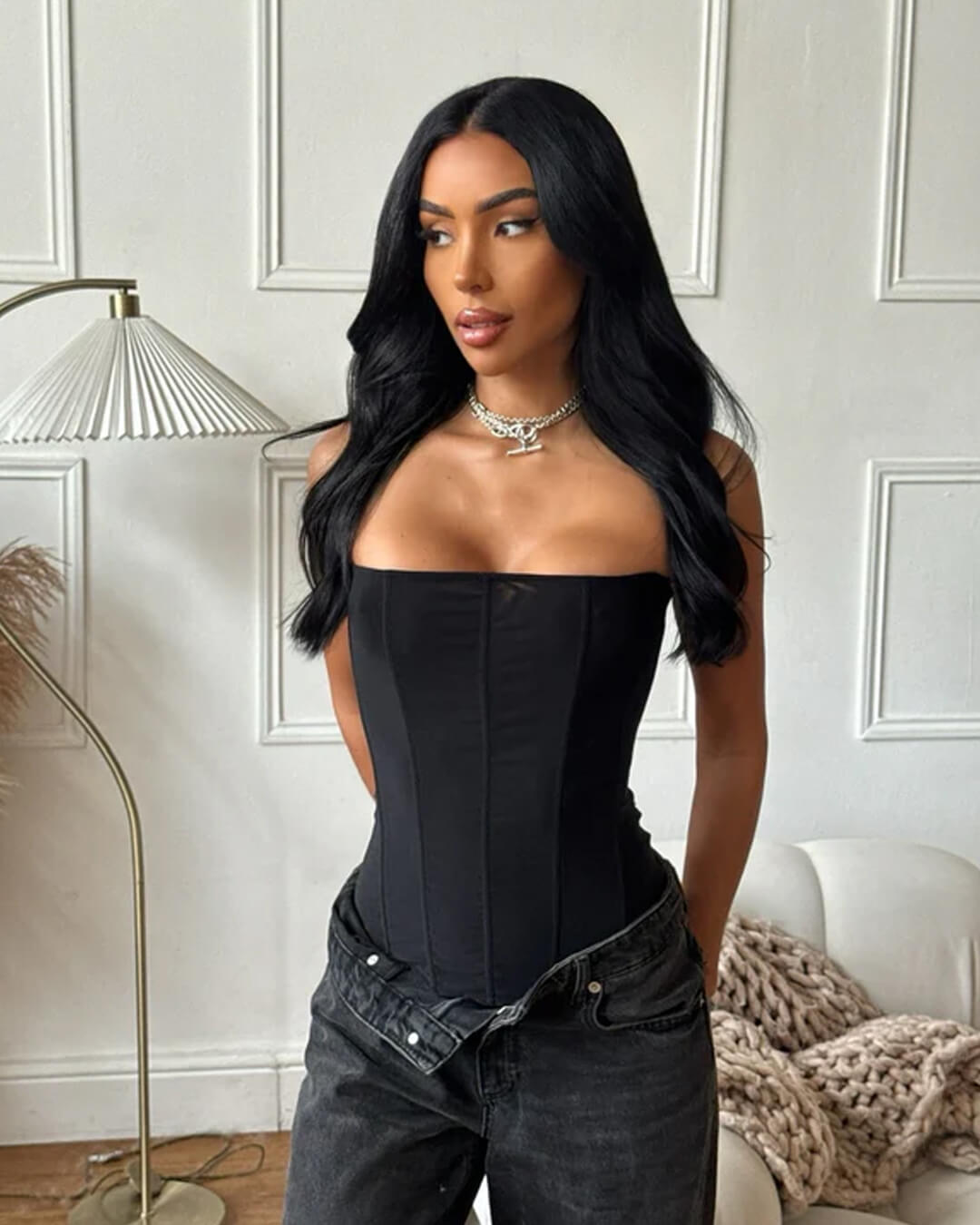 OLANE Black Satin Corset Top SWomen’s Tops