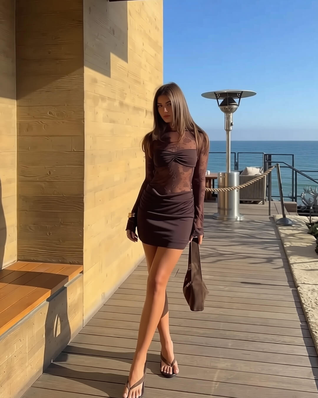 OLANE Bodycon Backless Lace Mini Dress BrownSWomen’s Dresses