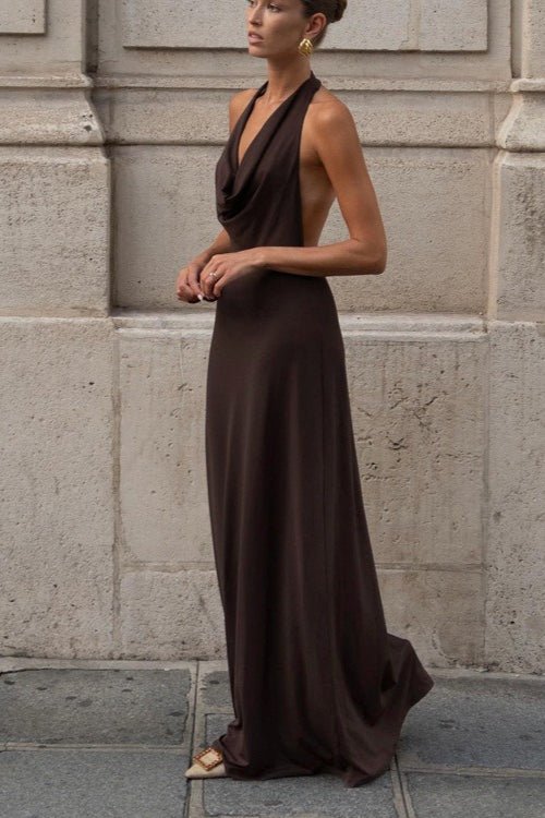 Braunes, rückenfreies Neckholder-Maxikleid