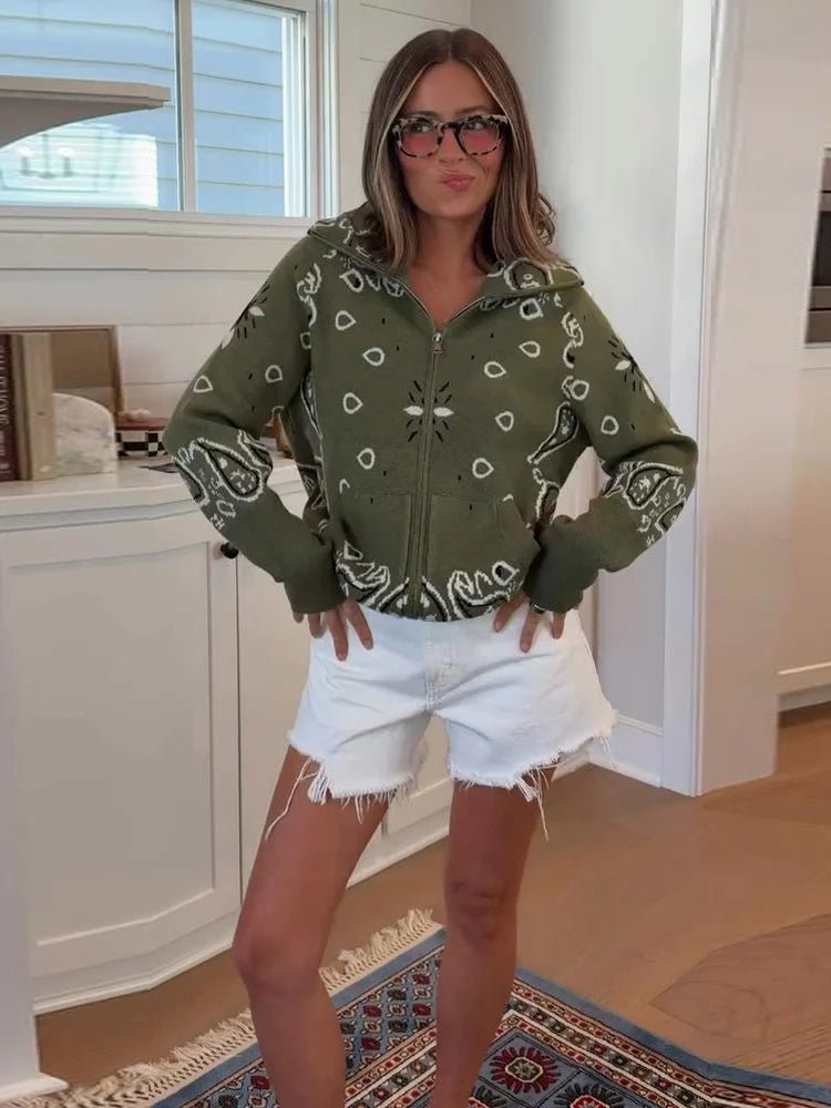 Lässige Paisley Zip-Up Strickjacke