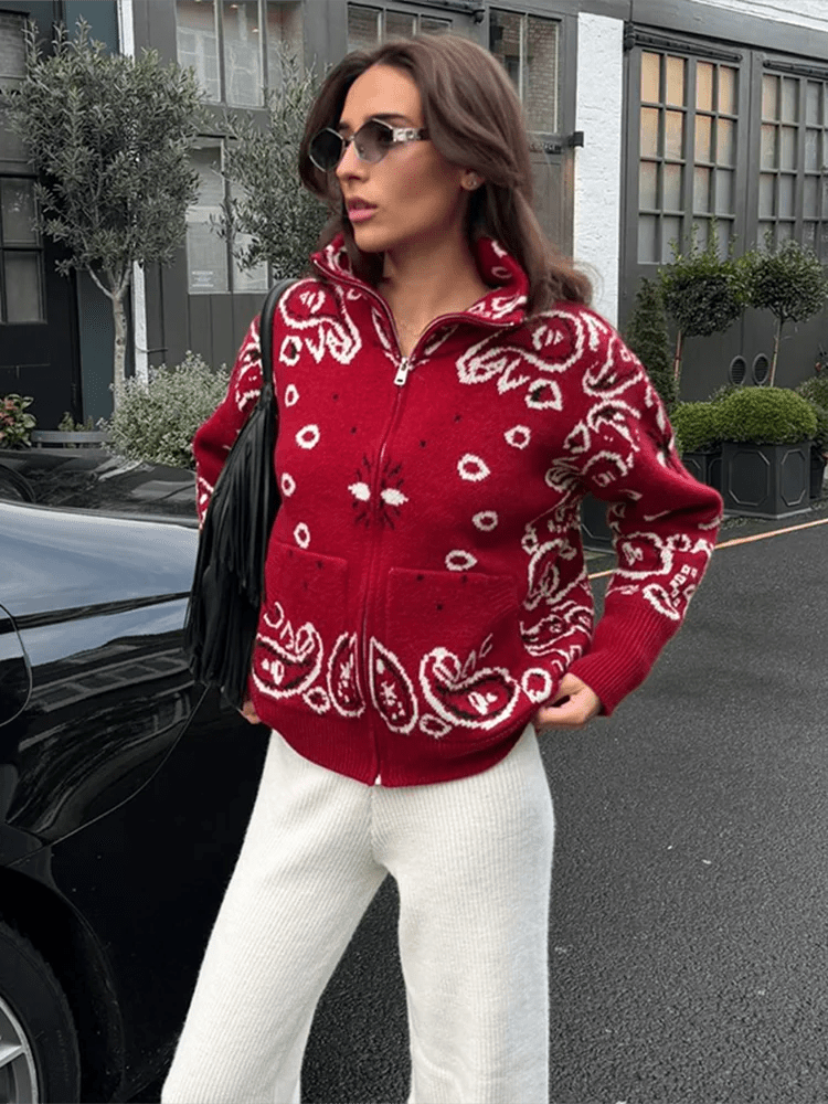 Lässige Paisley Zip-Up Strickjacke