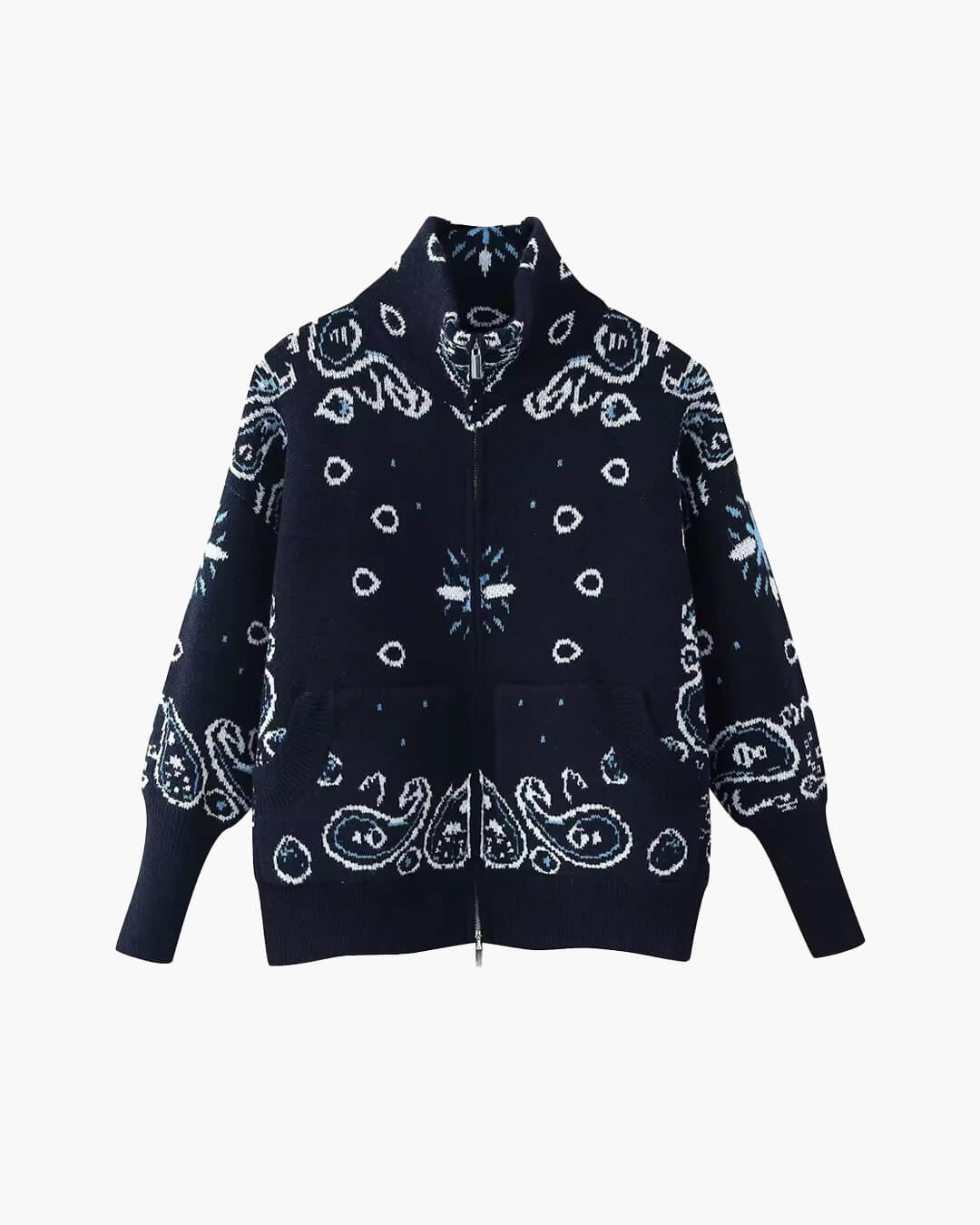 Lässige Paisley Zip-Up Strickjacke