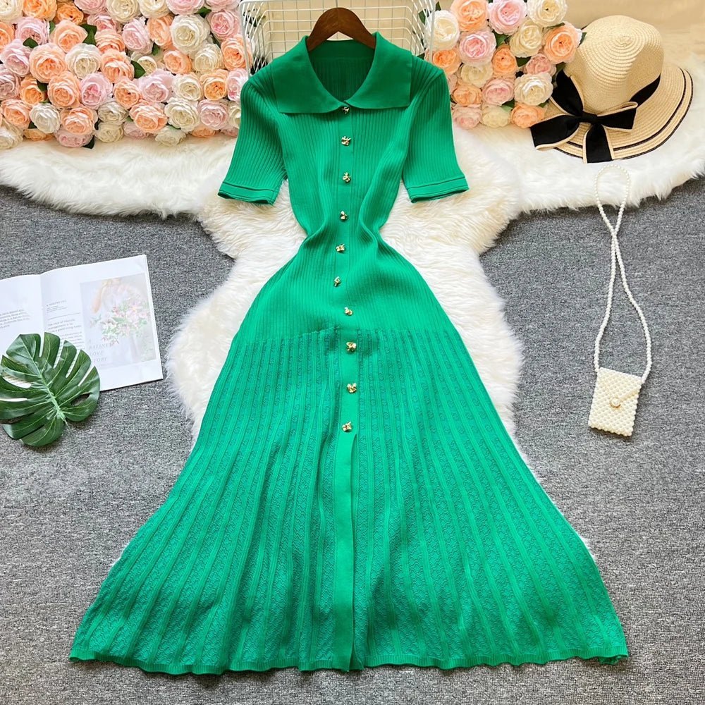 OLANE Casual Turn - Down Collar Knit Maxi Dress BlackWomen's Dresses