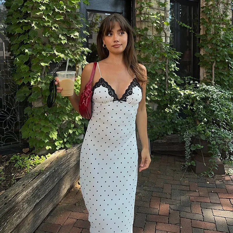 OLANE Charming Lace Trim Polka Dot Dress WhiteSWomen's Dresses