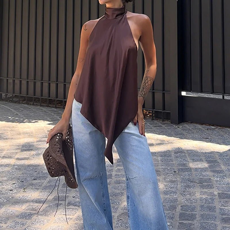 OLANE Chic Backless Halter Top BrownSTop