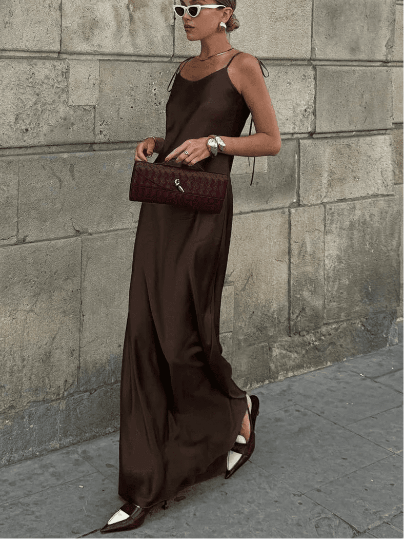 OLANE Chic Backless Satin Maxi Dress SWomen’s Dresses
