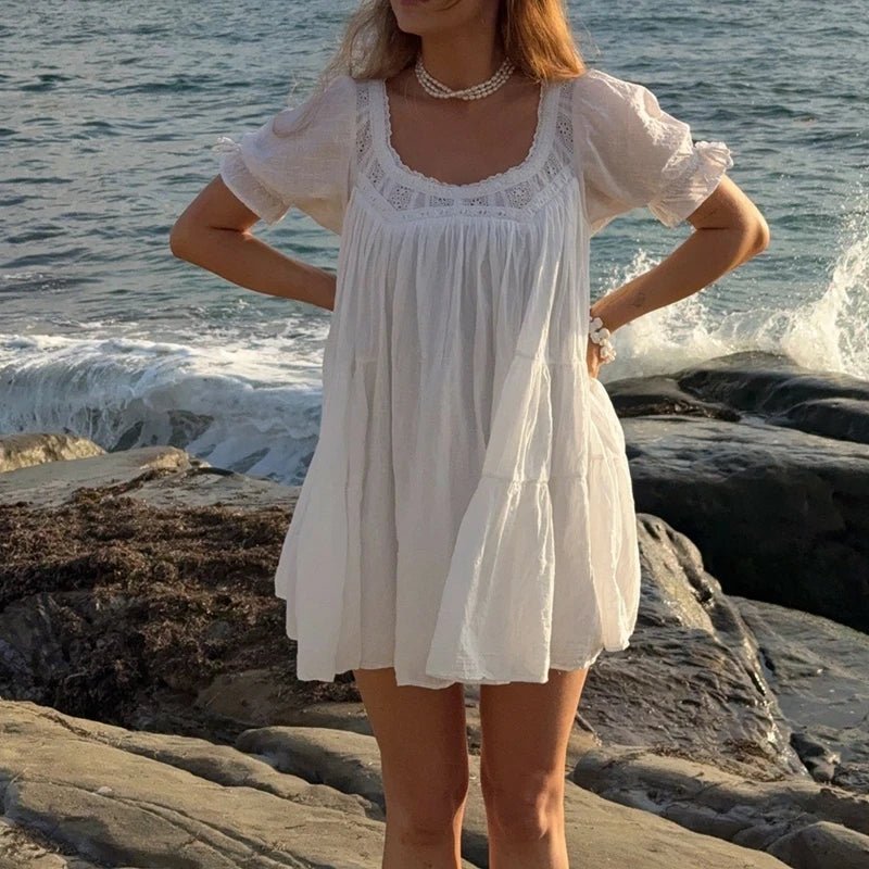 OLANE Chic Puff Sleeve Babydoll Dress WhiteMWomen's Dresses
