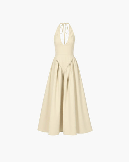 OLANE Chiffon Deep Neck Maxi Dress BeigeMWomen's Dresses