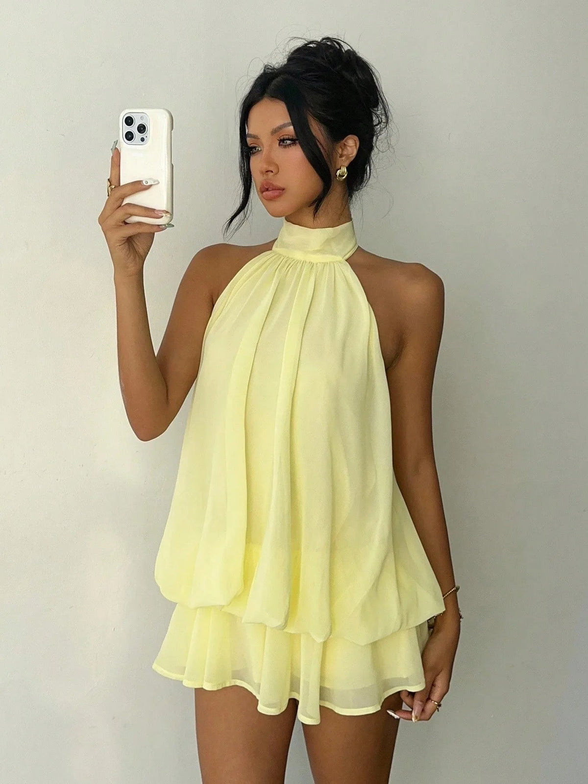 OLANE Chiffon Halter Mini Dress BrownSWomen's Dresses