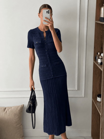 OLANE Cinched-Waist Ribbed Knit Maxi Dress Navy BlueXSWomen’s Dresses