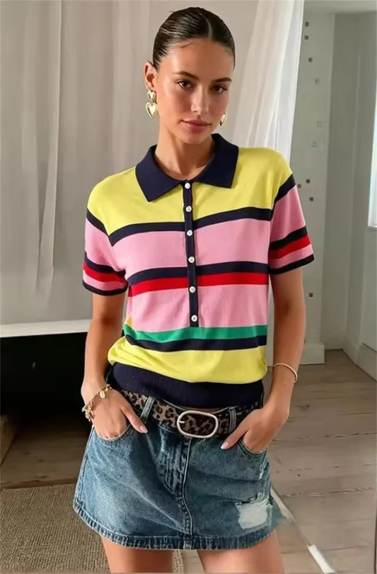 OLANE Classic Colorblock Polo Knit Top SWomen’s Tops