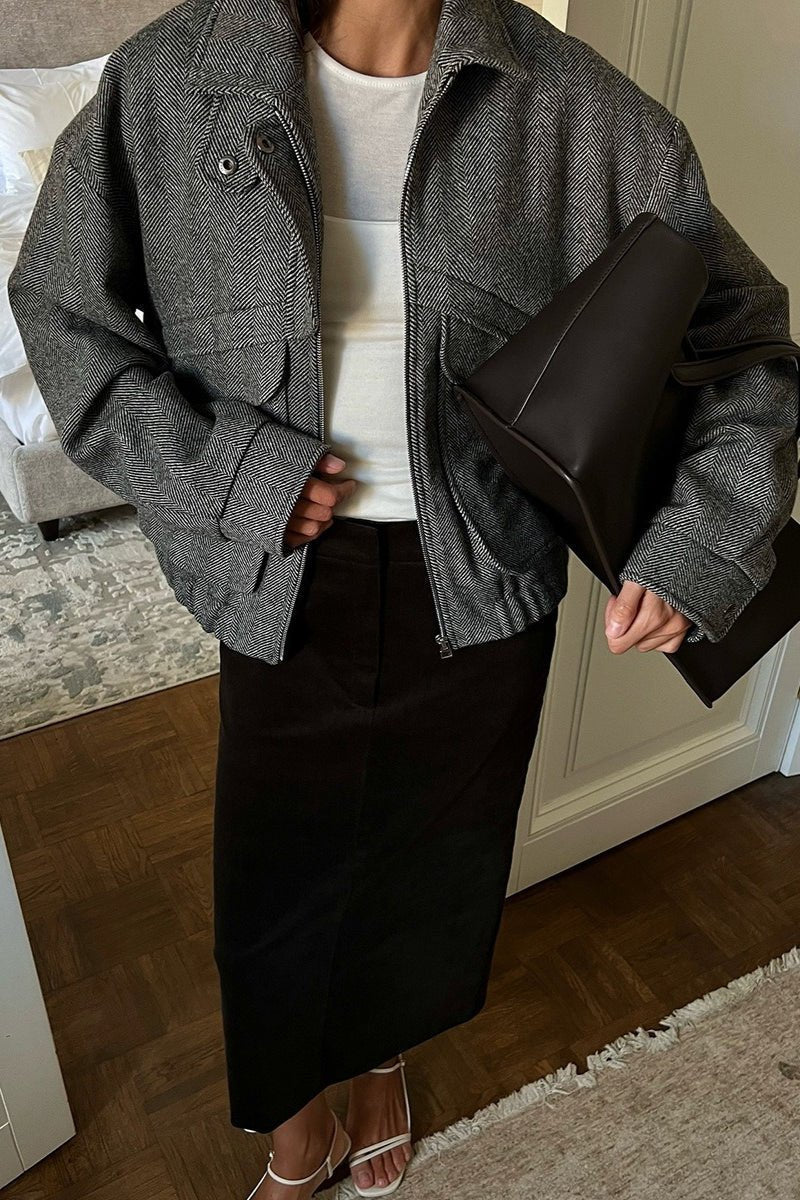 OLANE Classic Herringbone Stand Collar Coat BlackMWomen's Coats & Jackets