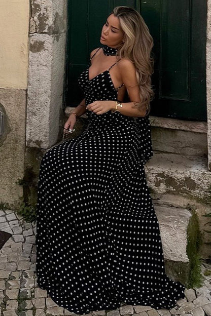 OLANE Classic Polka Dot Backless Maxi Dress BlackLWomen's Dresses