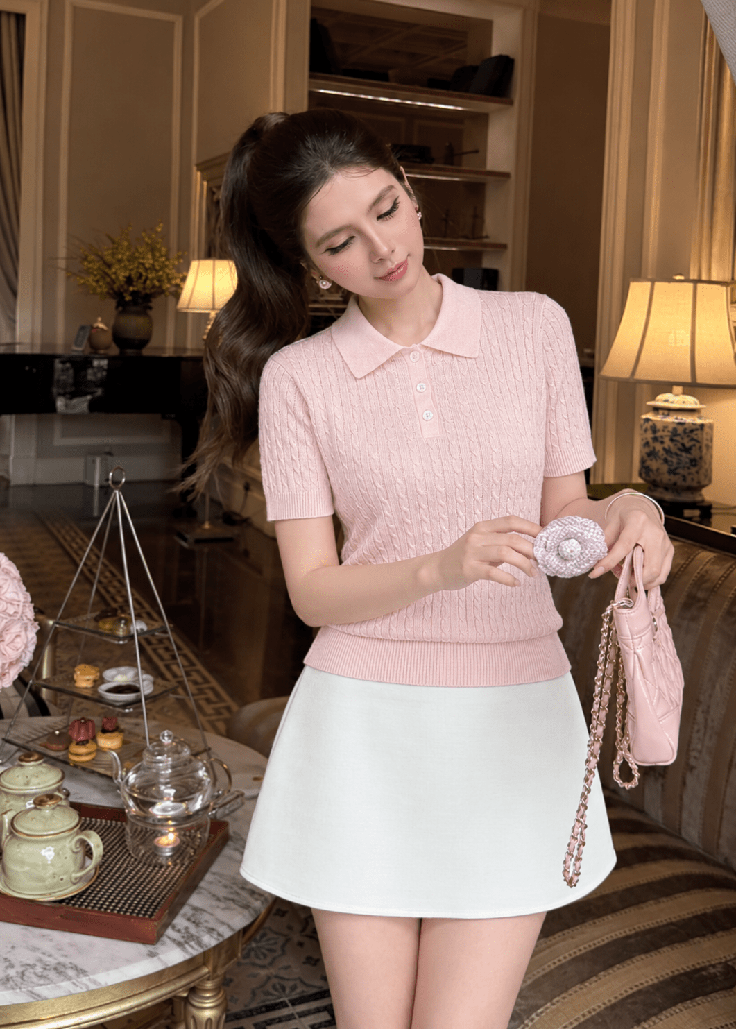 Classic Ribbed Knit Polo Top