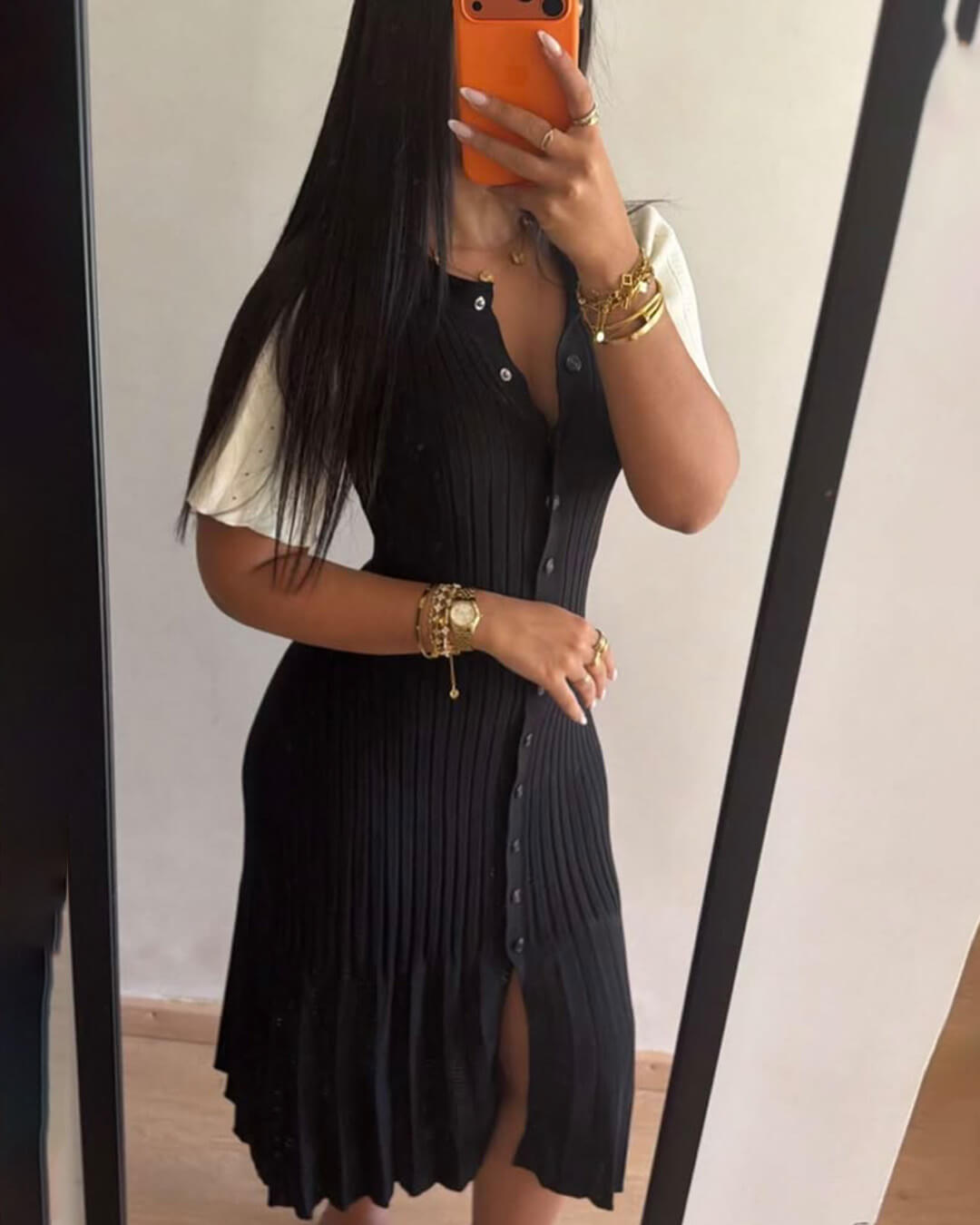 OLANE Classic Ribbed Knitted Midi Dress BlackMWomen's Dresses