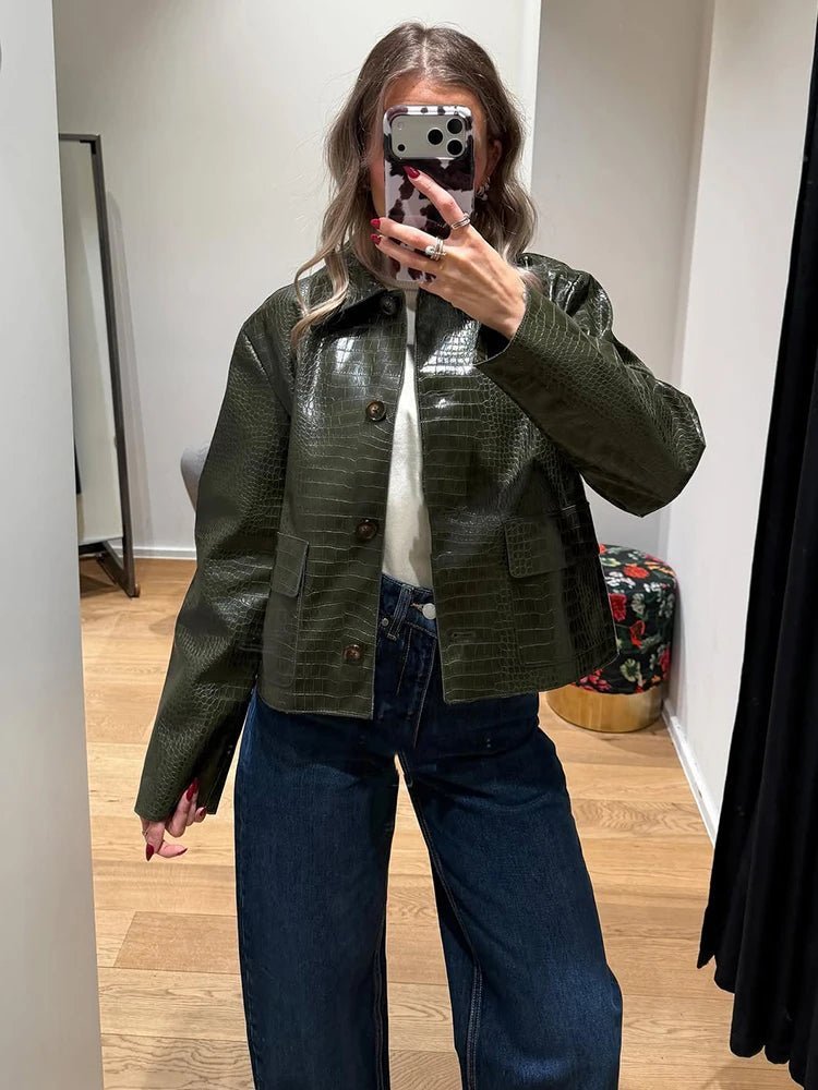 OLANE Crocodile Embossed Leather Jacket GreenMWomen's Coats & Jackets