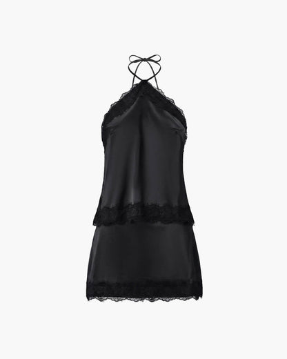 OLANE Crop Top Satin Halter Two-Piece Set Black SetXSWomen's Sets