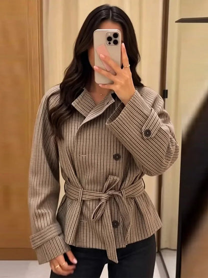 OLANE Cropped Plaid Belted Trench Coat LCoat