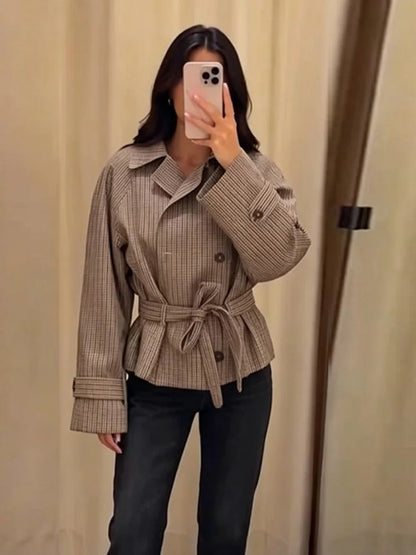 OLANE Cropped Plaid Belted Trench Coat MCoat