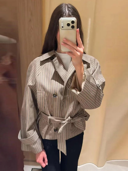 OLANE Cropped Plaid Belted Trench Coat MCoat