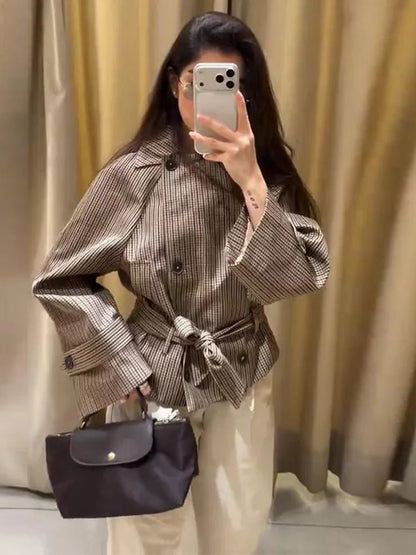OLANE Cropped Plaid Belted Trench Coat MCoat