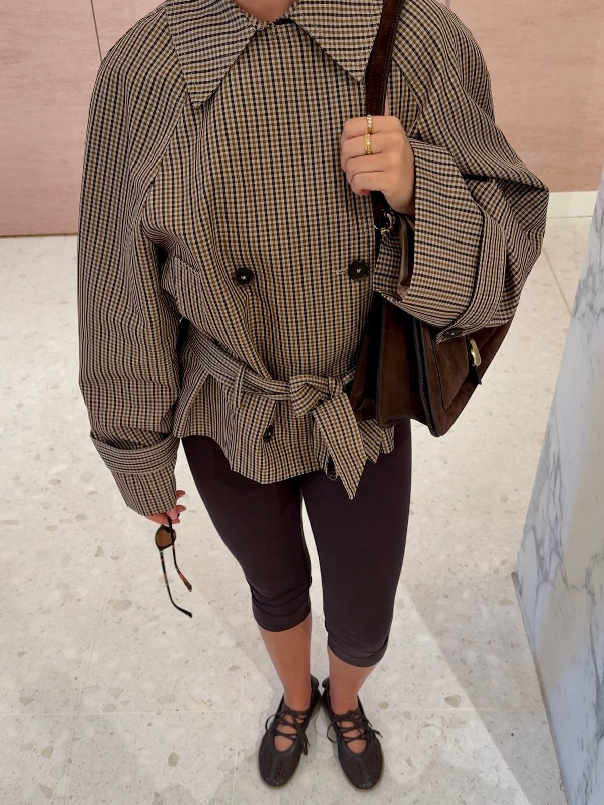 OLANE Cropped Plaid Belted Trench Coat XSCoat