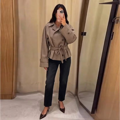OLANE Cropped Plaid Belted Trench Coat XSCoat