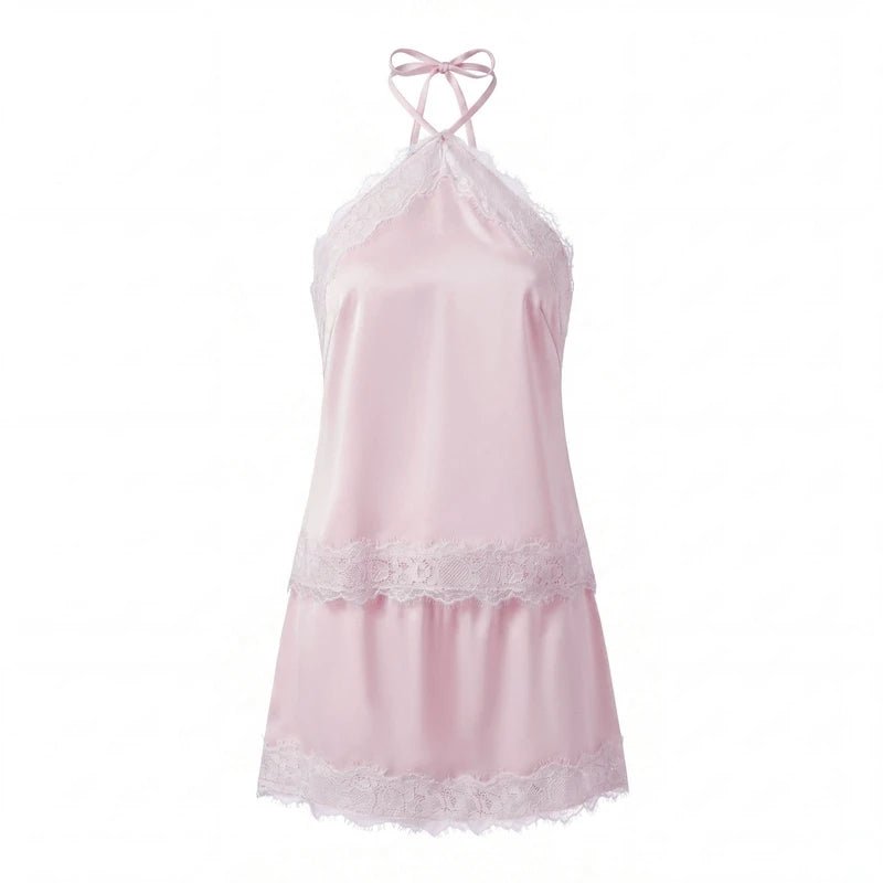 OLANE Dahlia Satin Lace Halter Cami Set BlackSTop