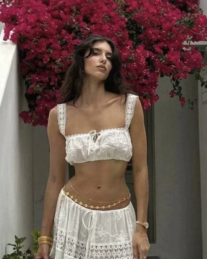 OLANE Denise Bohemian Embroidered Crop Top Skirt Set Off ShoulderSWomen's Sets