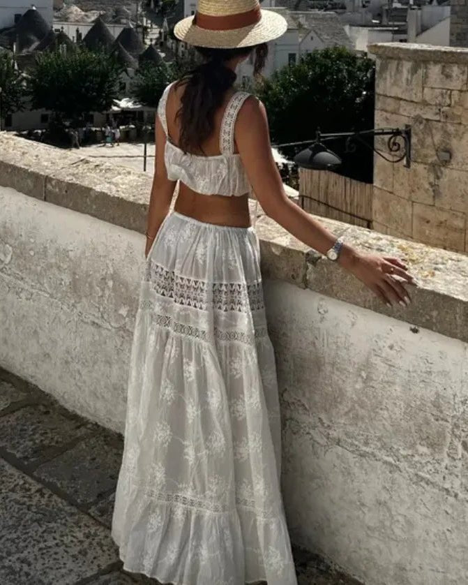 OLANE Denise Bohemian Embroidered Crop Top Skirt Set StrapSWomen's Sets