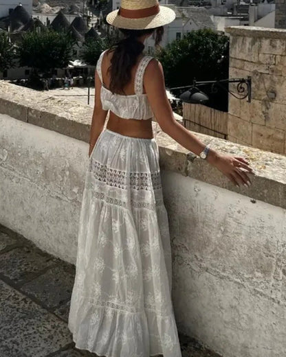 OLANE Denise Bohemian Embroidered Crop Top Skirt Set StrapSWomen's Sets