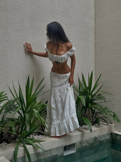 OLANE Denise Bohemian Embroidered Crop Top Skirt Set StrapSWomen's Sets