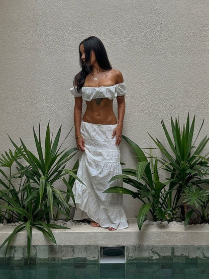 OLANE Denise Bohemian Embroidered Crop Top Skirt Set StrapSWomen's Sets