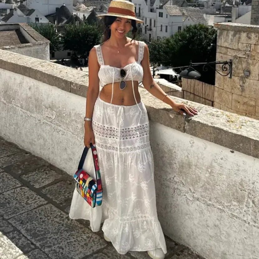 OLANE Denise Bohemian Embroidered Crop Top Skirt Set StrapSWomen's Sets