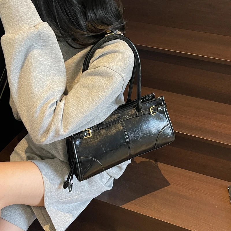 OLANE Edelle Leather Shoulder Bag with Belt Detail BlackHandbags