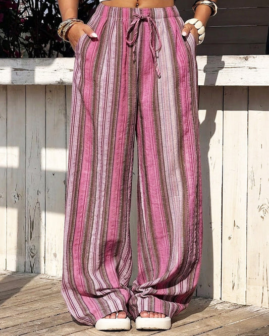 OLANE Elastic Waist Wide-Leg Striped Pants PinkSWomen's Bottoms