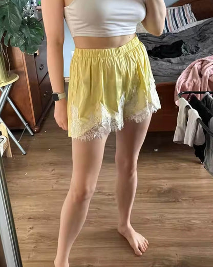 OLANE Elastic Waistband Lace Patchwork Satin Shorts YellowMWomen's Bottoms