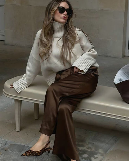 OLANE Elastic Waistband Wide Leg Satin Trousers BrownMWomen's Bottoms